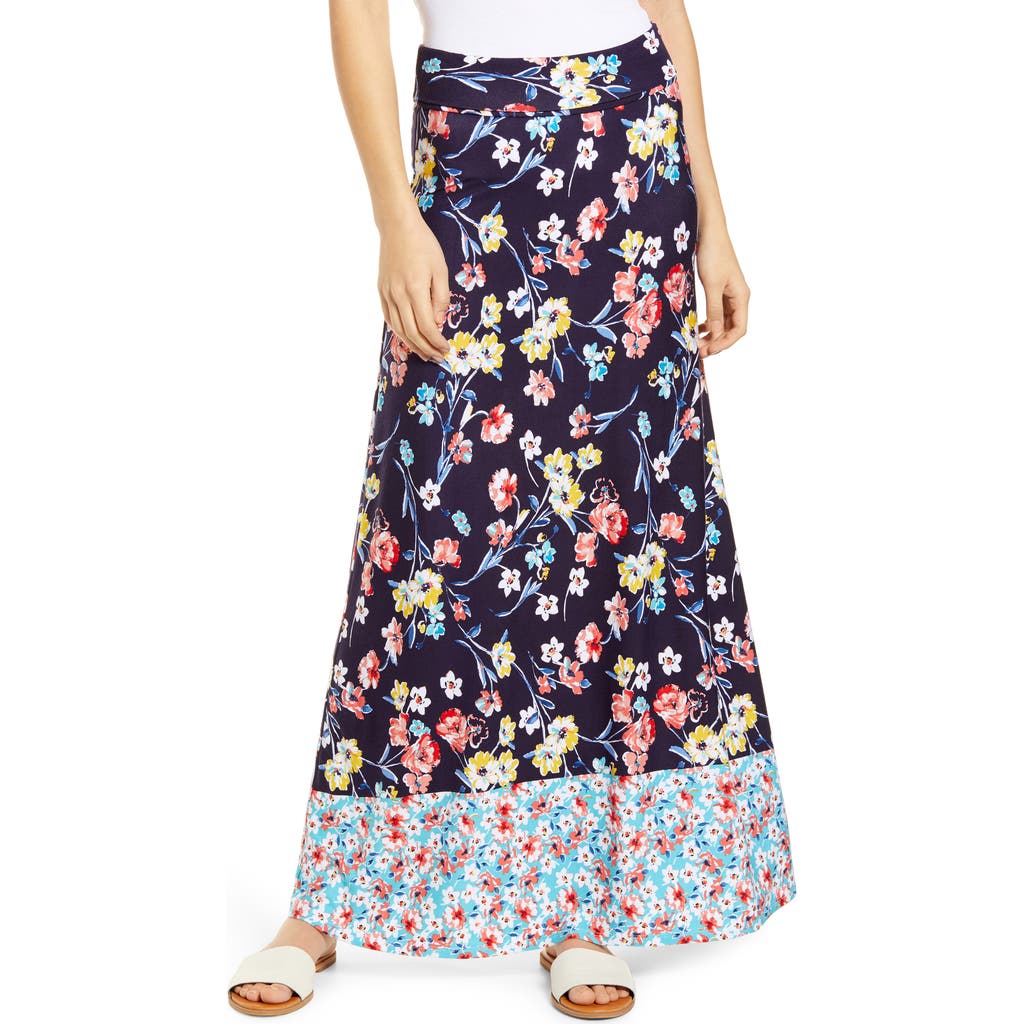 Loveappella Border Print Roll Top Maxi Skirt in Navy Aqua  product