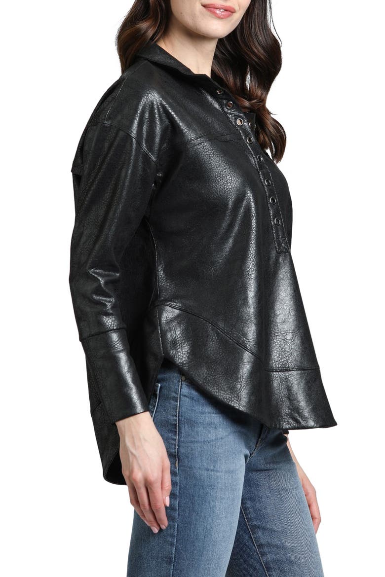 Faux Leather Henley Top, Alternate, color, BLACK