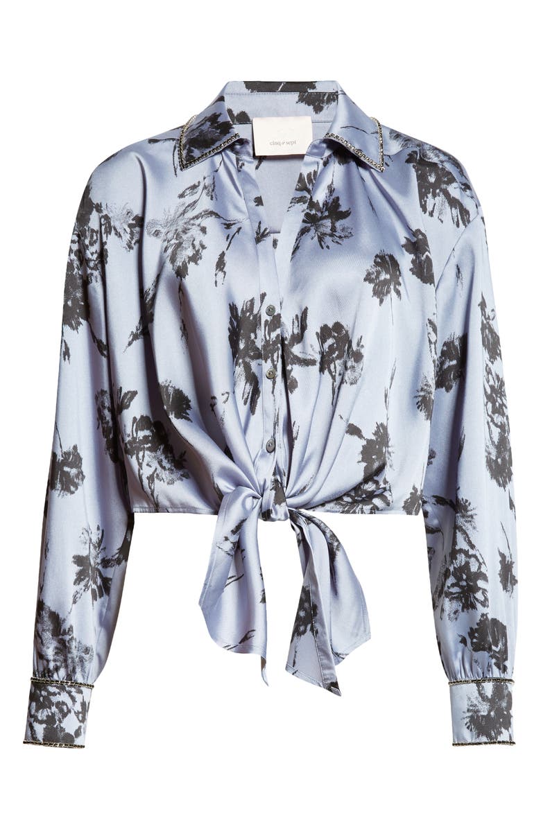 Cinq à Sept Marianna Floral Embellished Tie Front Top, Alternate, color, Rustic Blue Multi