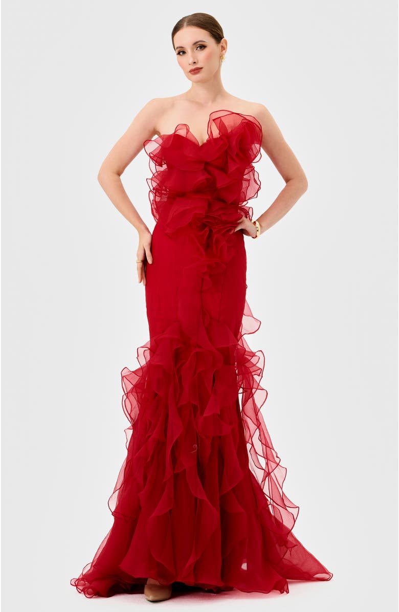 Bariano Zita Strapless Ruffle Gown, Alternate, color, Red