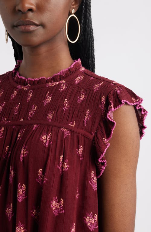 Treasure & Bond Shirred Ruffle Sleeve Top In Burgundy