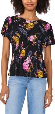 Vince Camuto Floral Smocked Waist Jersey Top