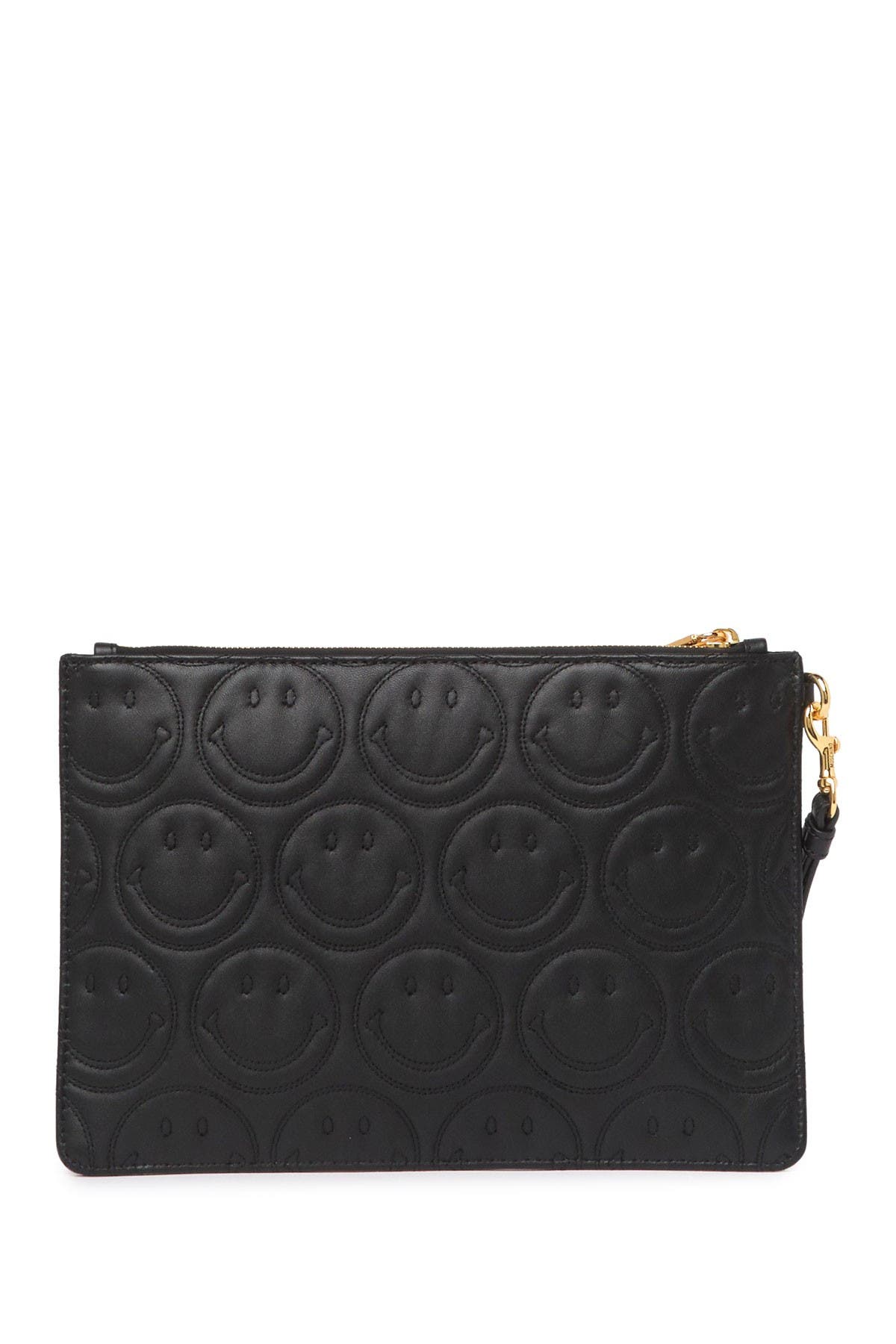 Moschino Logo Smiley Leather Wristlet Clutch, Alternate, color, 