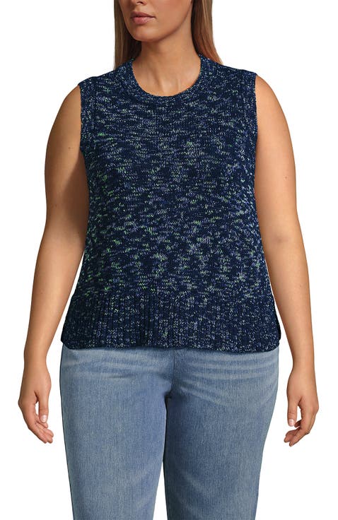 Plus Size Cotton Tweed Textured Crewneck Vest Sweater