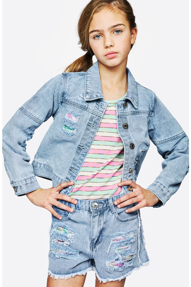 Kids' Sequin Distressed Denim Jacket, Alternate, color, DENIM BLUE