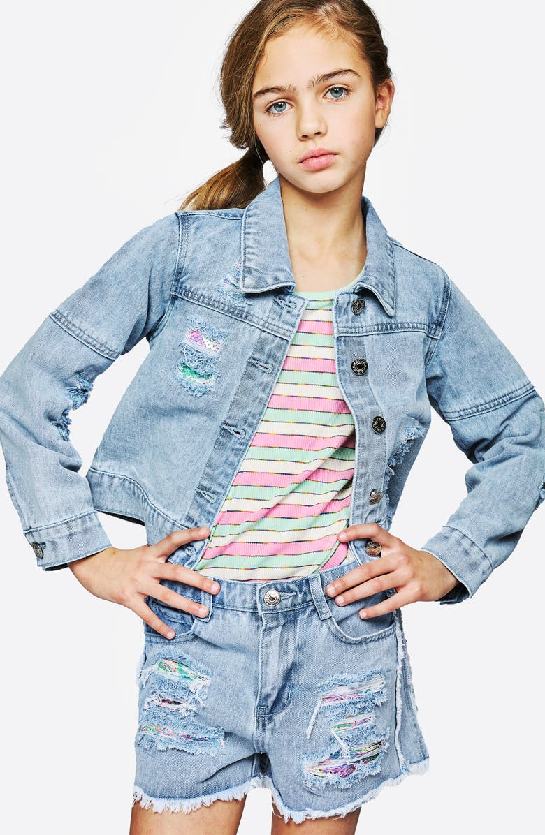 Hannah Banana Kids' Sequin Distressed Denim Jacket, Alternate, color, Denim Blue