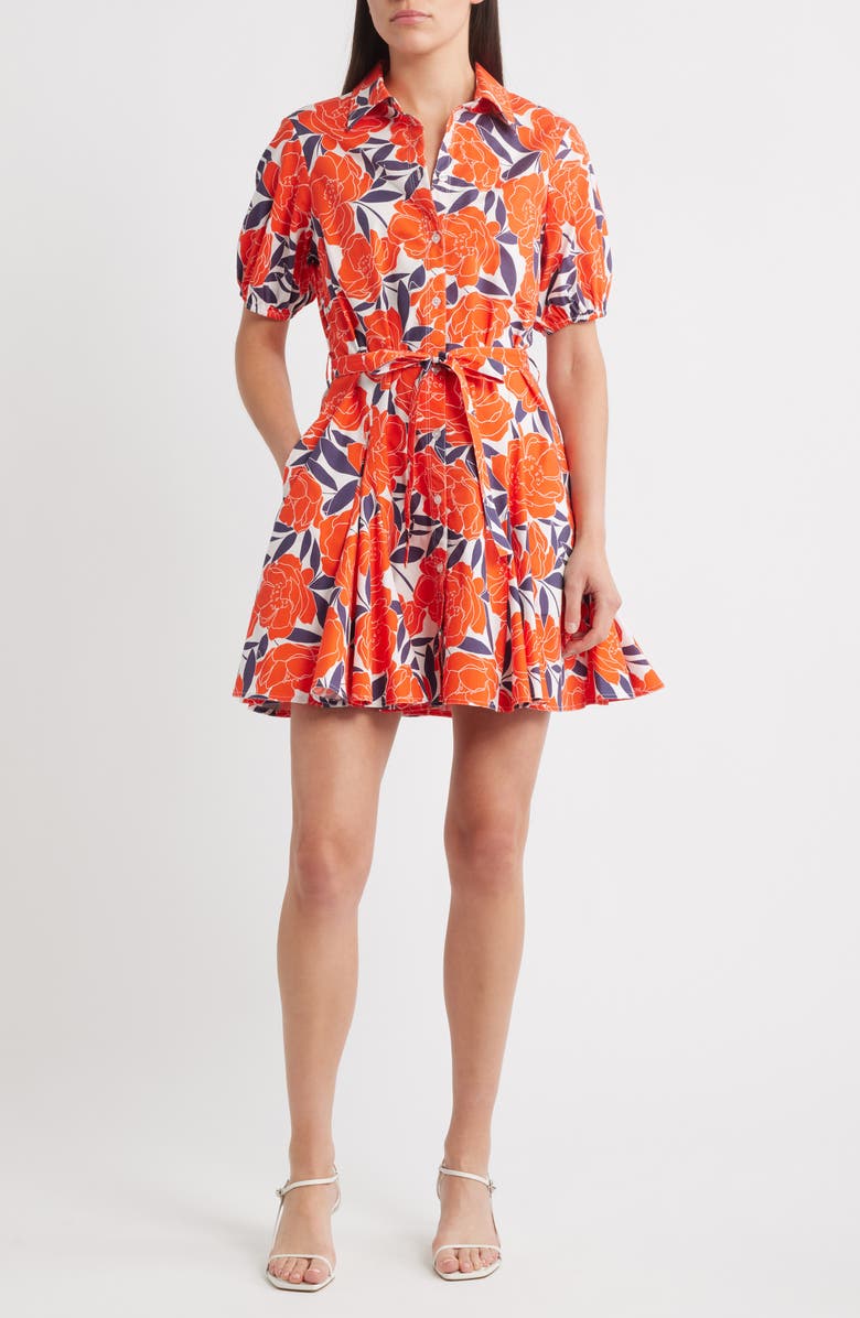 Milly Juni Camellia Floral Stretch Cotton Poplin Shirtdress, Main, color, Coral Multi