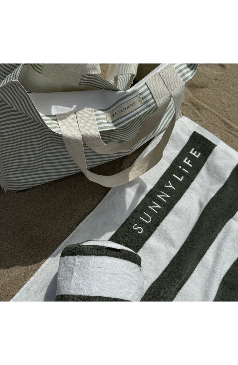 Sunnylife Inflatable Beach Pillow Vacay Olive Stripe 14X6" Neck Pillow, Alternate, color, 