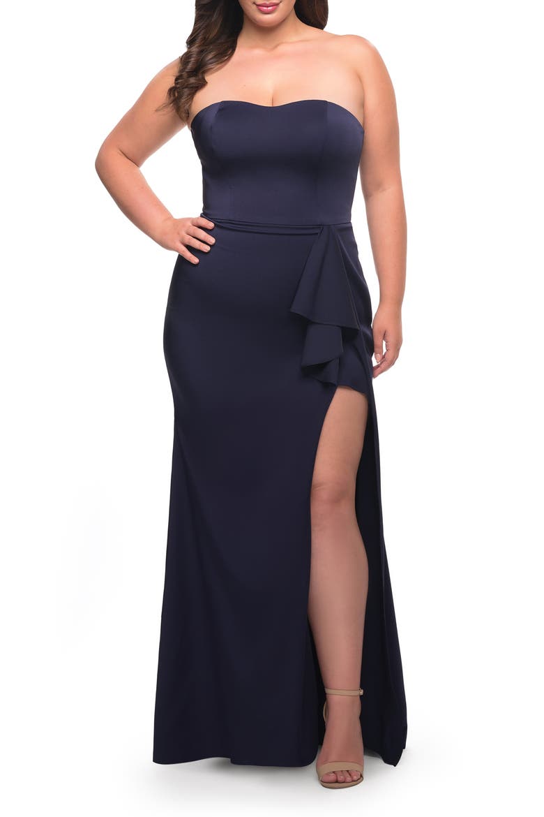 Strapless Plus Size Dress with Ruffle Slit Detail, Alternate, color, NAVY