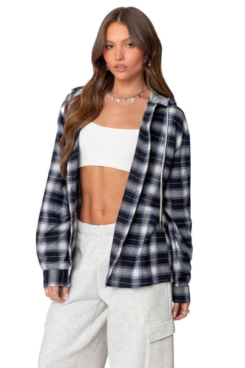 Plaid Cotton Blend Flannel Button-Up Hoodie, Alternate, color, NAVY