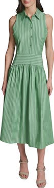 KARL LAGERFELD Stripe Sleeveless Cotton Blend Midi Shirtdress