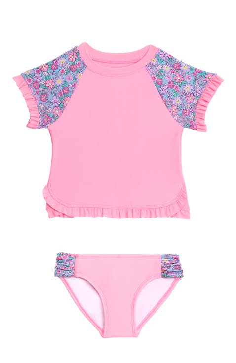 Little Girls Shortsleeve Ruffle Rashguard 2-Piece Swimwear Set