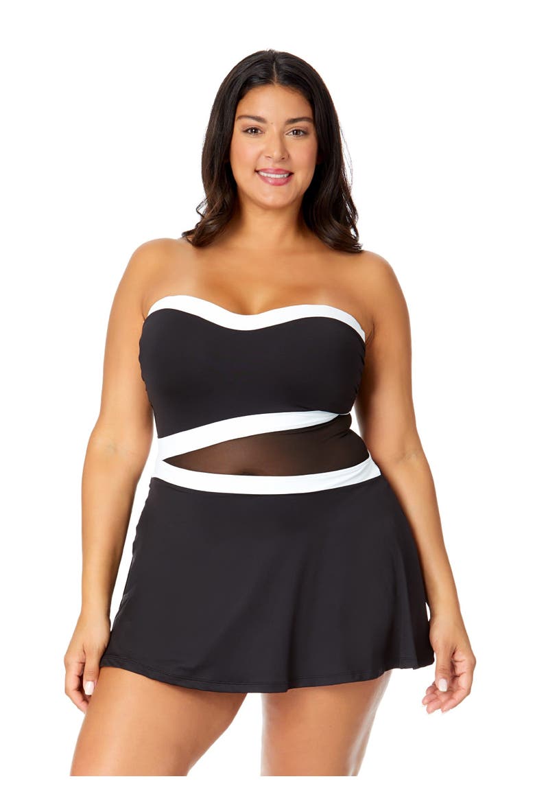 Women's Plus Mesh Around Paneled Strapless Mesh Swim Dress, Main, color, Black