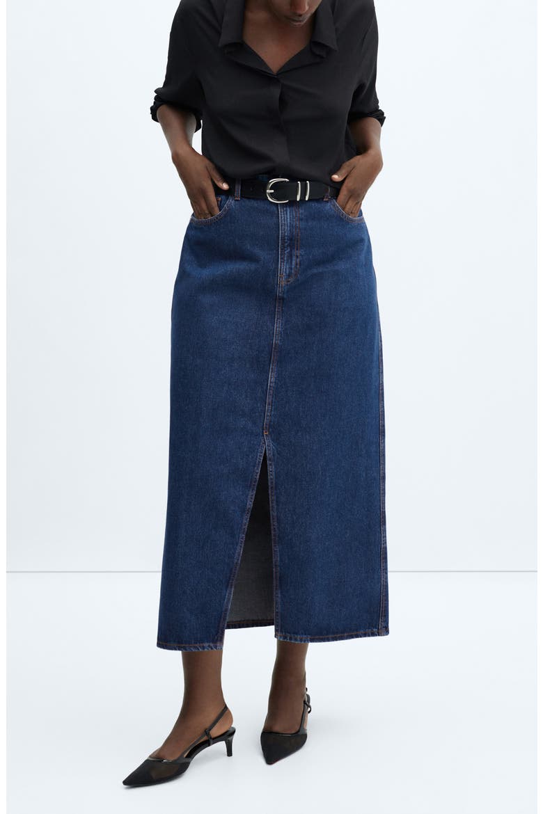 Front Slit Denim Midi Skirt, Alternate, color, DARK BLUE