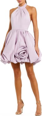 Mac Duggal Satin High Neck Sleeveless Bubble Hem Mini Dress