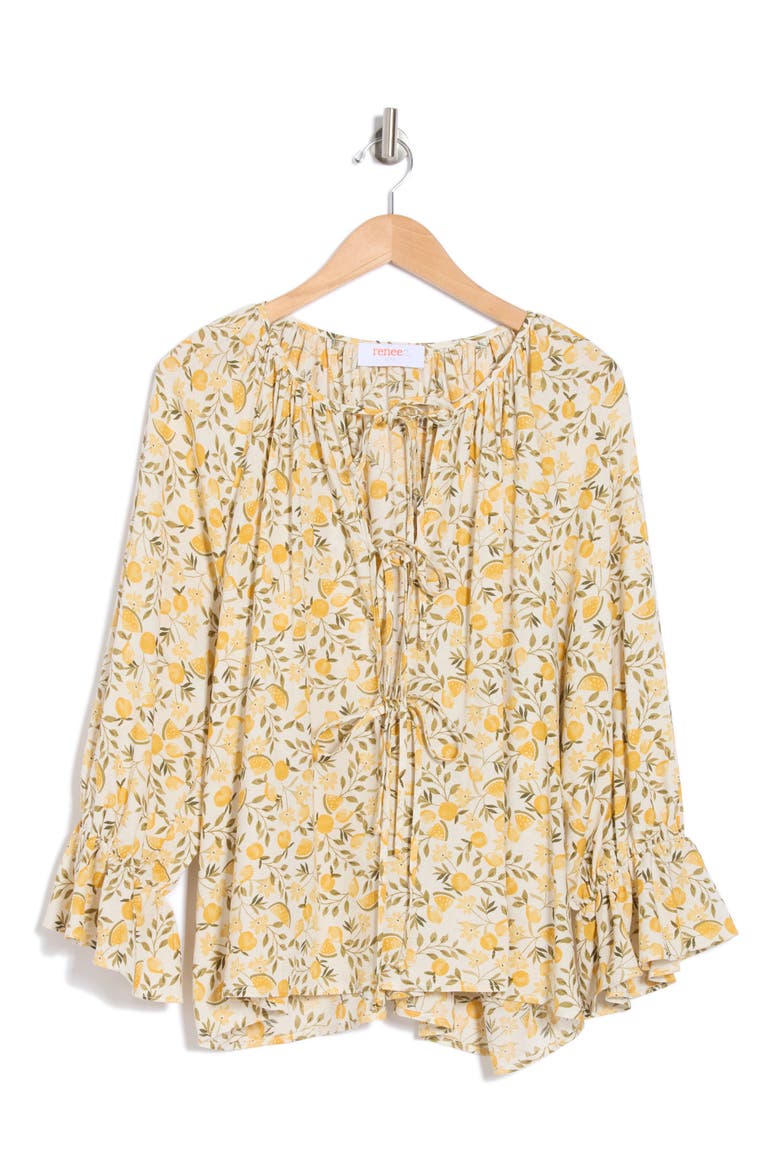 Lemon Print Tie Keyhole Long Sleeve Top, Alternate, color, TAUPE