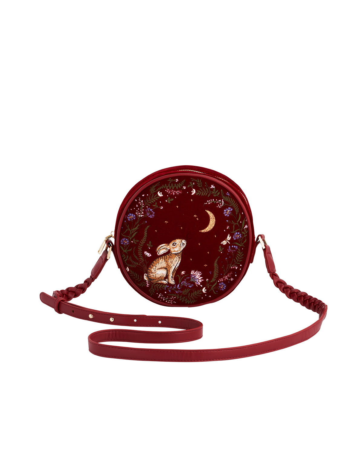 Fable England Star Gazing Rabbit Red Embroidered Circle Bag, Main, color, Ruby Red