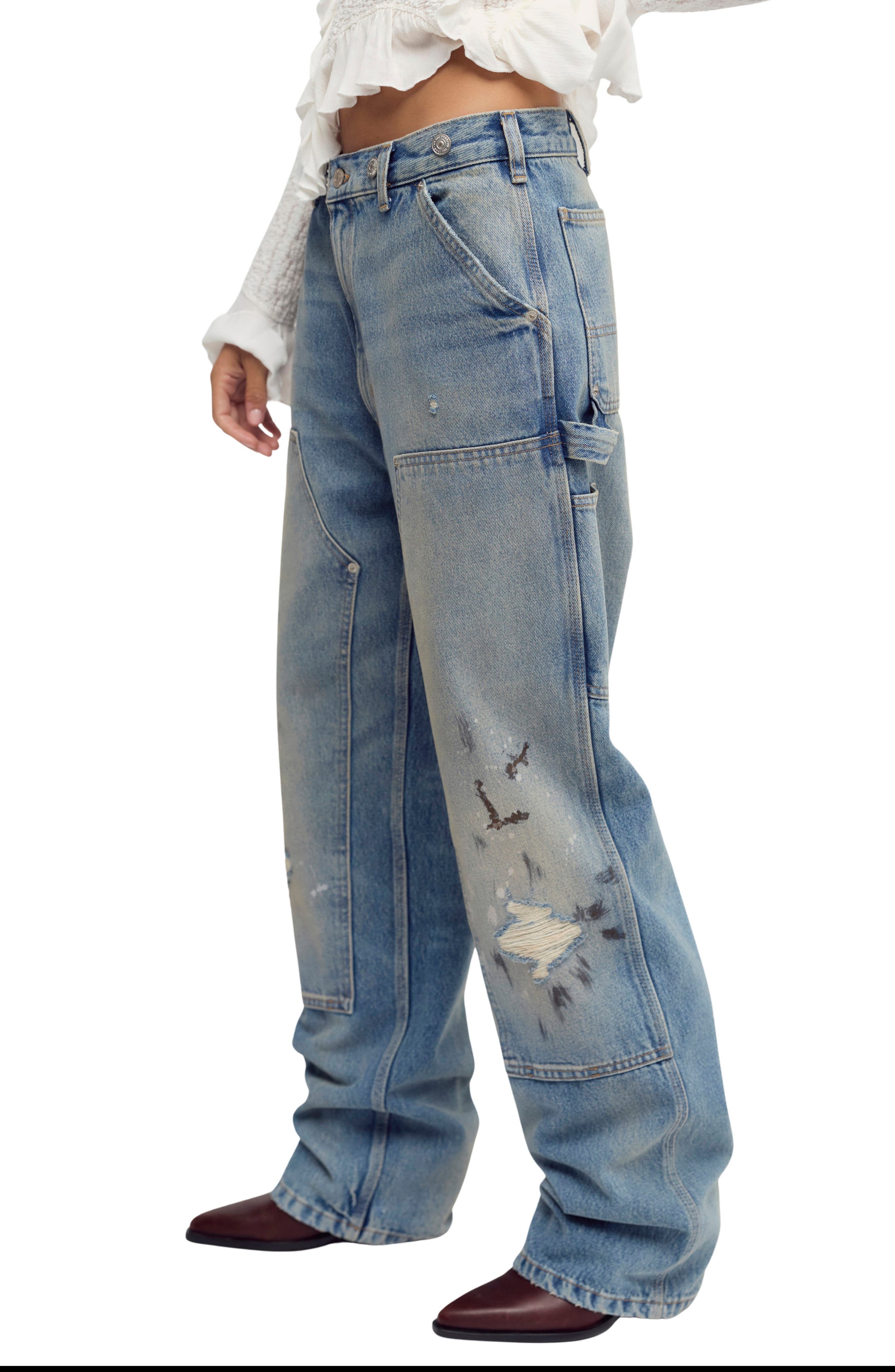 Free People Emily High Waist Ripped Wide Leg Carpenter Jeans (Women ...