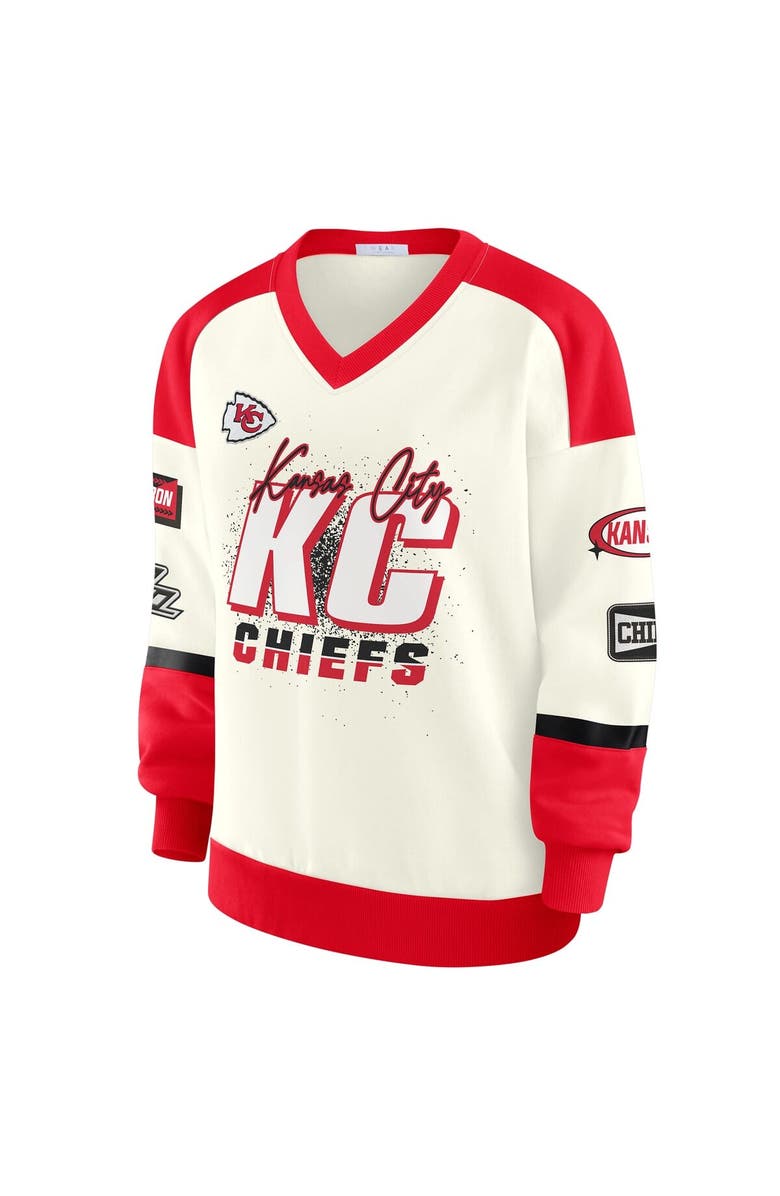 WEAR by Erin Andrews Women's WEAR by Erin Andrews  Cream Kansas City Chiefs Racing Crew V-Neck Sweatshirt, Alternate, color, Cream