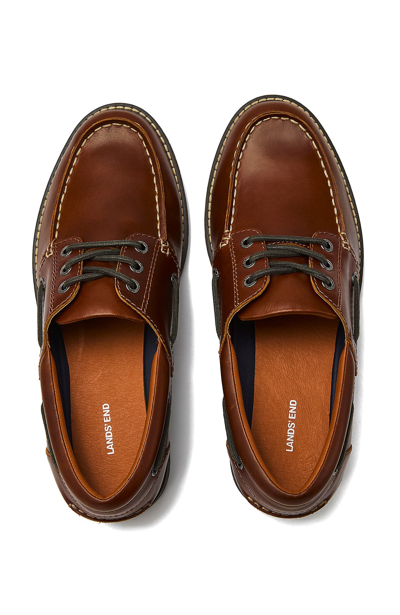 Lands' End Seaport Leather Lace Up Boat Shoes, Alternate, color, Rustic Brown