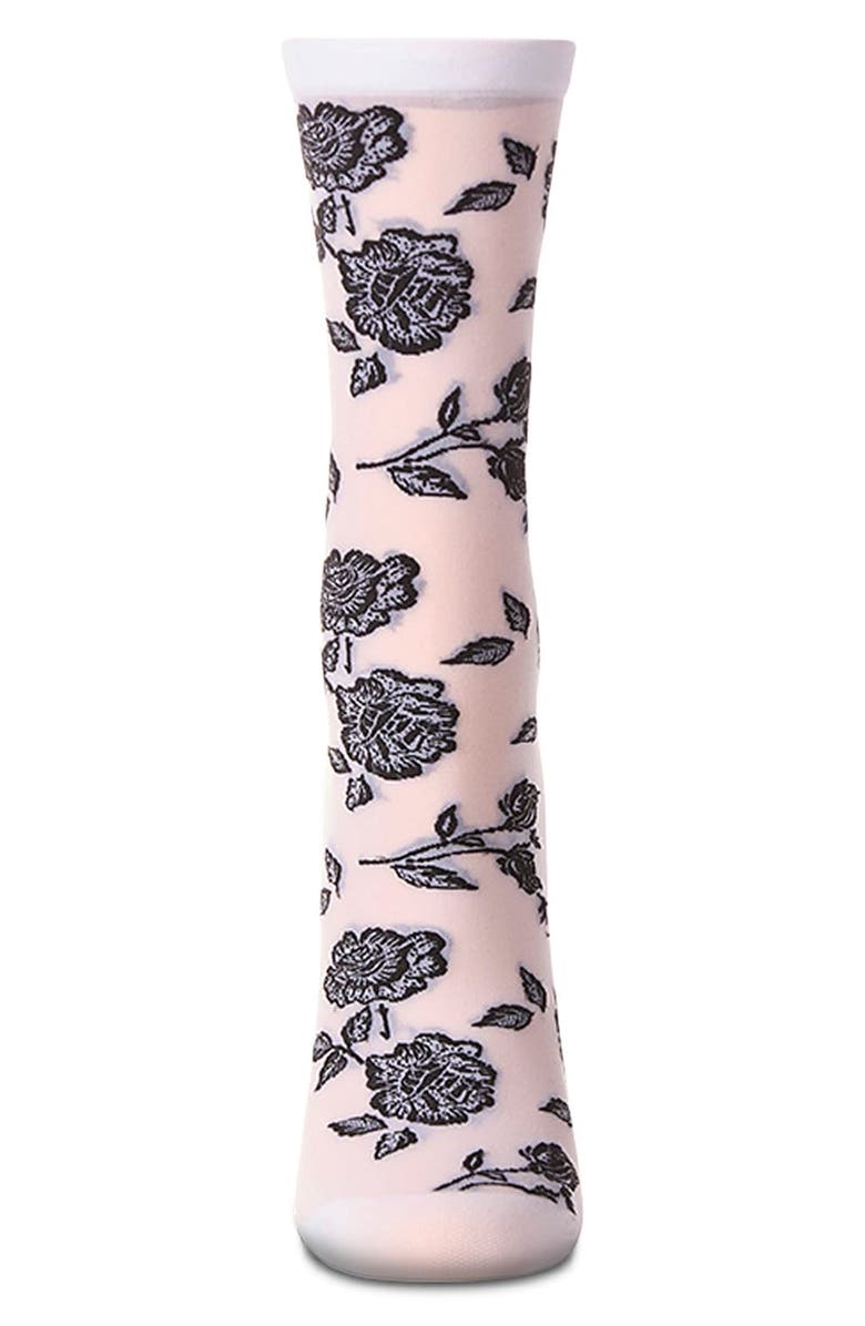 MeMoi Floral Sheer Crew Socks, Alternate, color, White