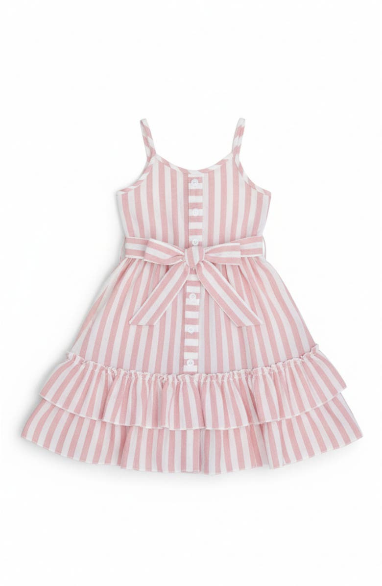 Mia Belle Girls Pink Candy Stripe Button-Up Linen Ruffle Dress, Main, color, Pink