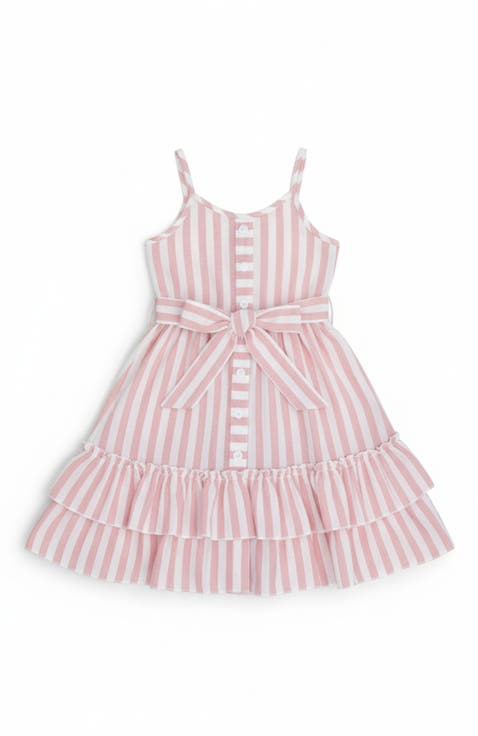 Pink Candy Stripe Button-Up Linen Ruffle Dress (Toddler, Little Kid & Big Kid)