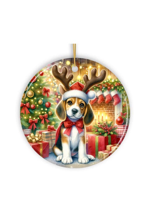 Fireplace Beagle Reindeer Antler Round Ornament