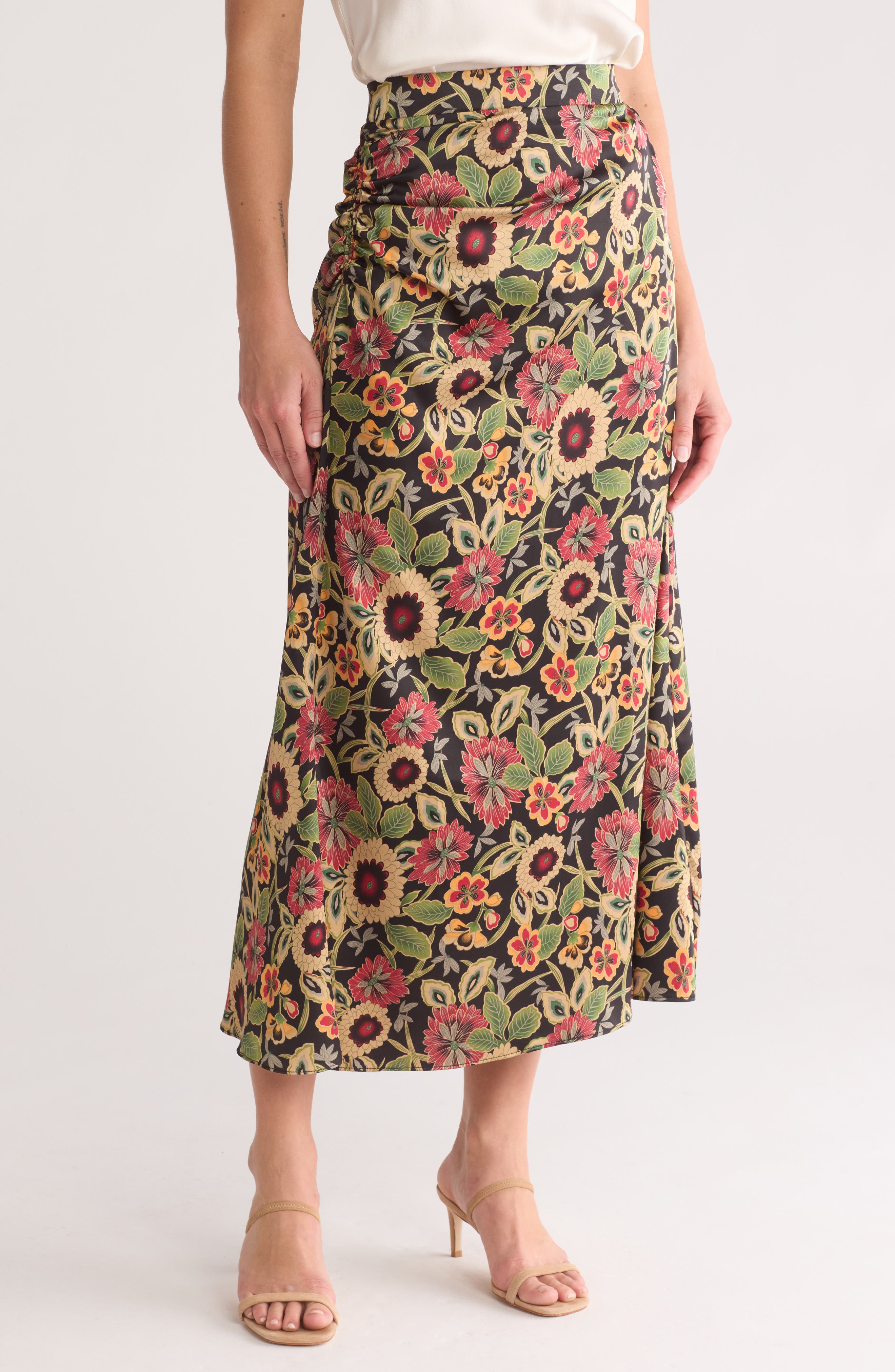 MELLODAY Floral Satin Ruched Midi Skirt