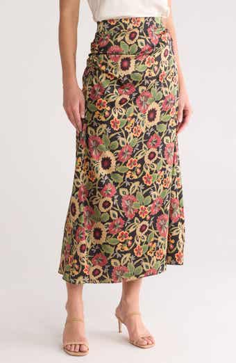 MELLODAY Floral Satin Ruched Midi Skirt