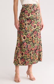 MELLODAY Floral Satin Ruched Midi Skirt