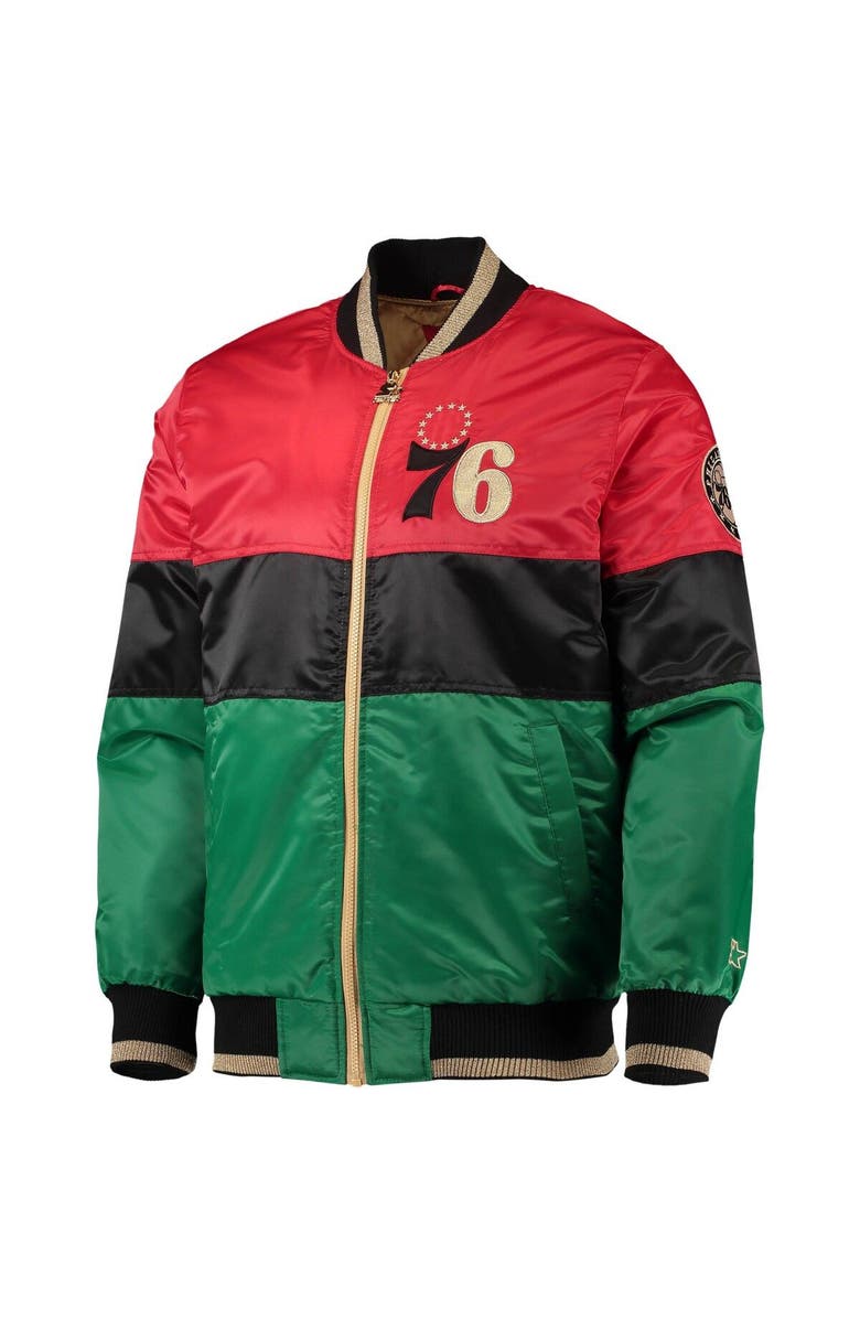 STARTER Men's Starter Red/Black/Green Philadelphia 76ers Black History Month NBA 75th Anniversary Full-Zip Jacket, Alternate, color, Red
