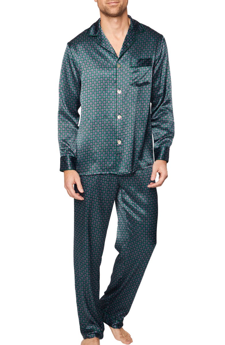 Petite Plume Emerald Medallion Mulberry Silk Pajamas, Main, color, Green