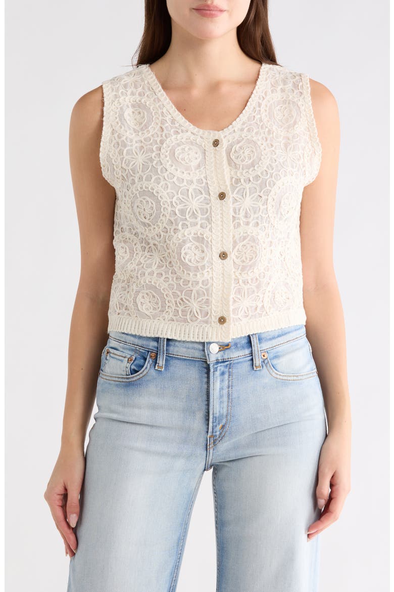 Sleeveless Crochet Button-Up Shirt, Main, color, NATURAL