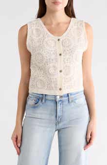 Forgotten Grace Sleeveless Crochet Button-Up Shirt