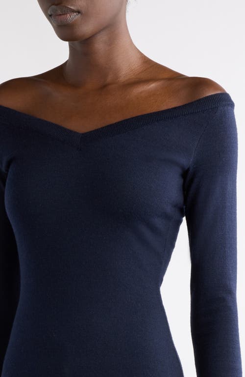 Balenciaga Off The Shoulder Long Sleeve Virgin Wool Blend Sweater Dress In 8065 Navy