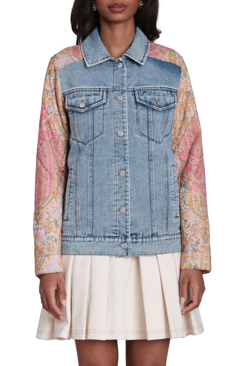 Mixed Media Denim Trucker Jacket, Main, color, LIGHT BLUE/ ORANGE MULTICOLOR