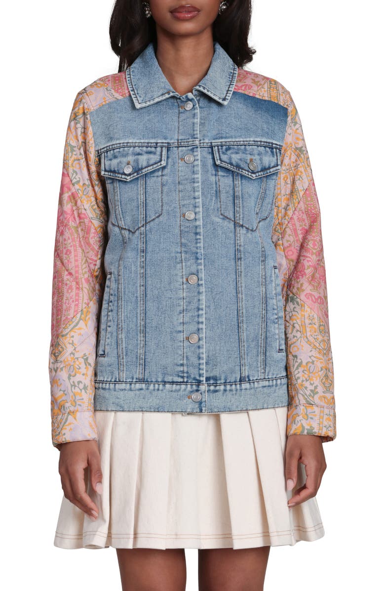 Avec Les Filles Mixed Media Denim Trucker Jacket, Main, color, Light Blue/ Orange Multicolor