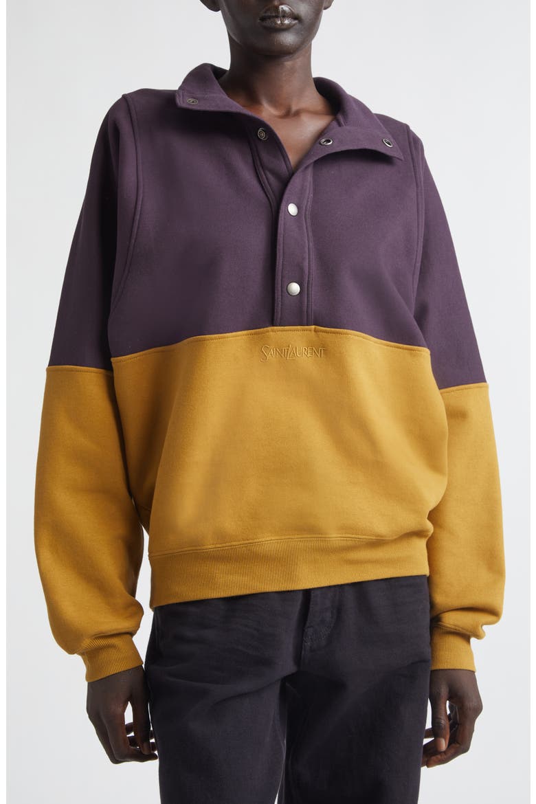 Colorblock Cotton Fleece Half Snap Sweatshirt, Alternate, color, RAISIN / MIEL FONCE