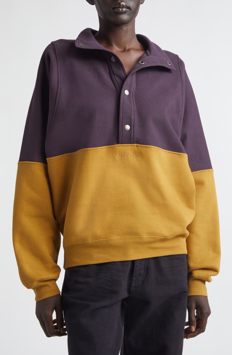 Saint Laurent Colorblock Cotton Fleece Half Snap Sweatshirt, Alternate, color, Raisin / Miel Fonce