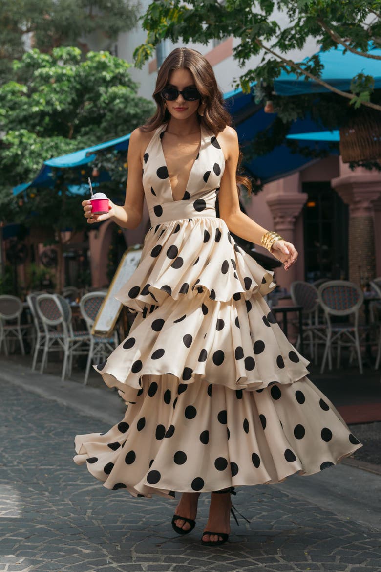 Halter Neck Polka Dot Ruffle Maxi Dress, Alternate, color, Black Ivory