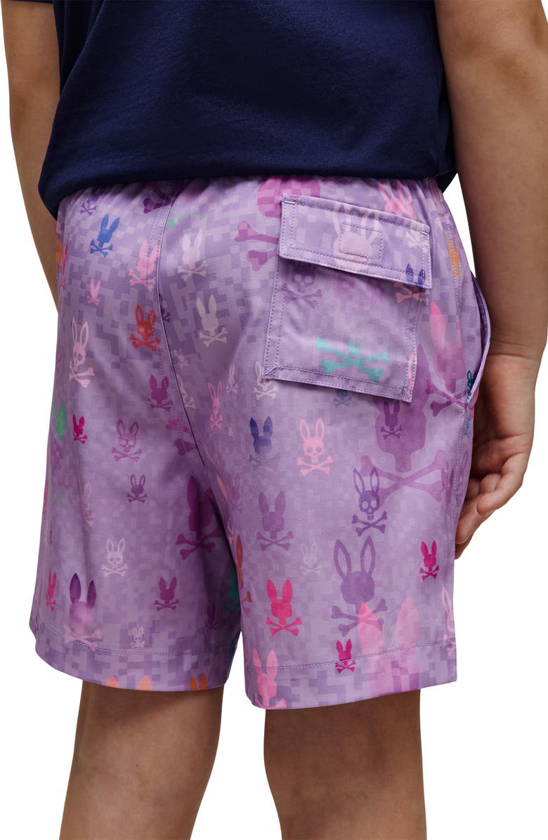 Psycho Bunny Kids' Van Lightweight Bunny Print Swim Trunks, Alternate, color, Lavendula