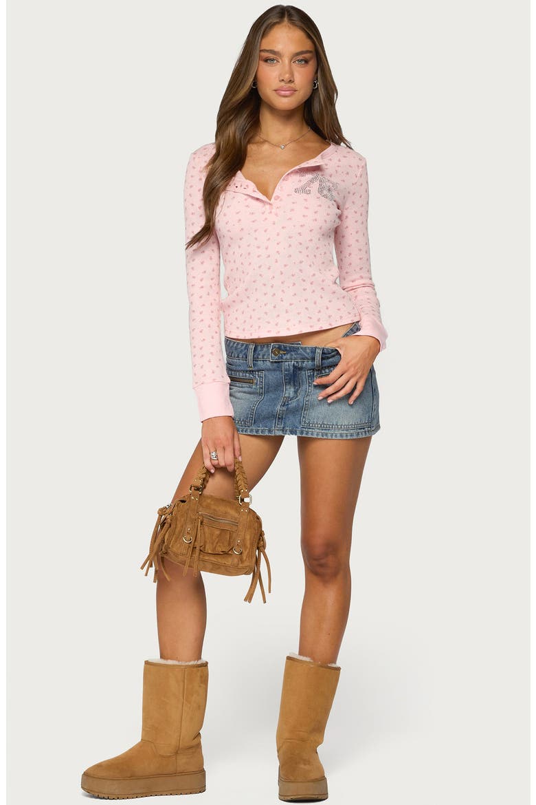 Rhinestone Graphic Floral Henley Top, Alternate, color, PINK