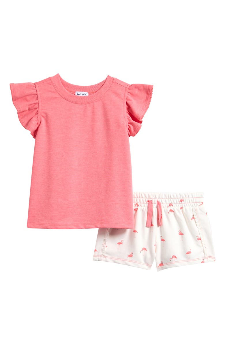 Splendid Kids' Flamingo Fun Ruffle Sleeve Top & Shorts Set, Main, color, Flamingo