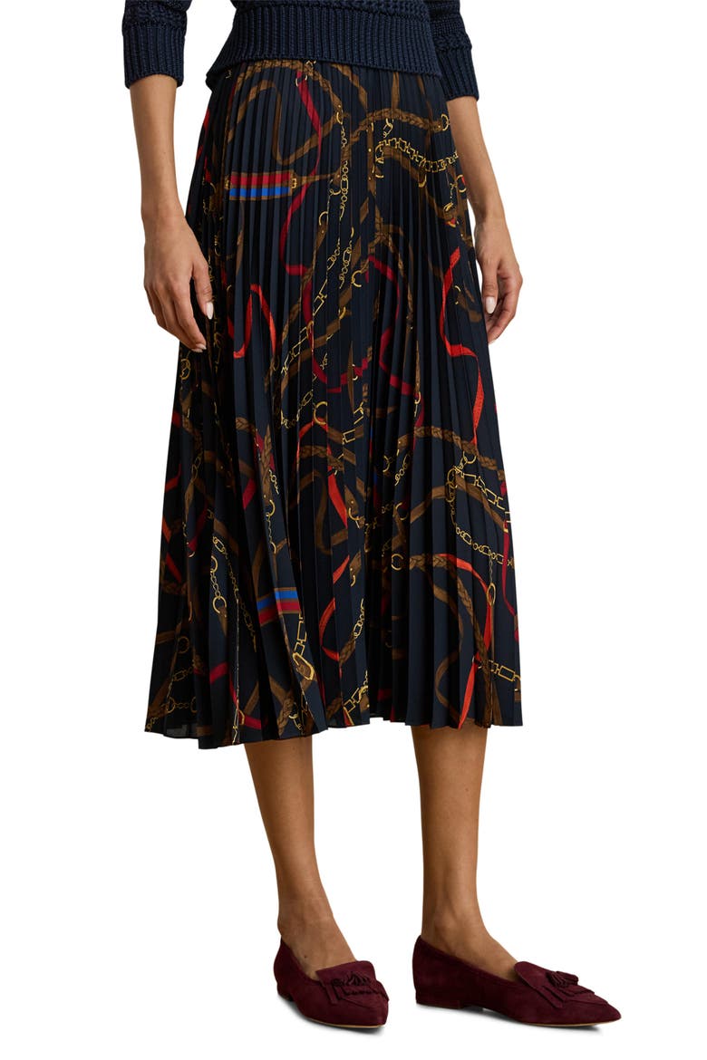 Belting Print Pleated Georgette Skirt, Main, color, NAVY MULTI