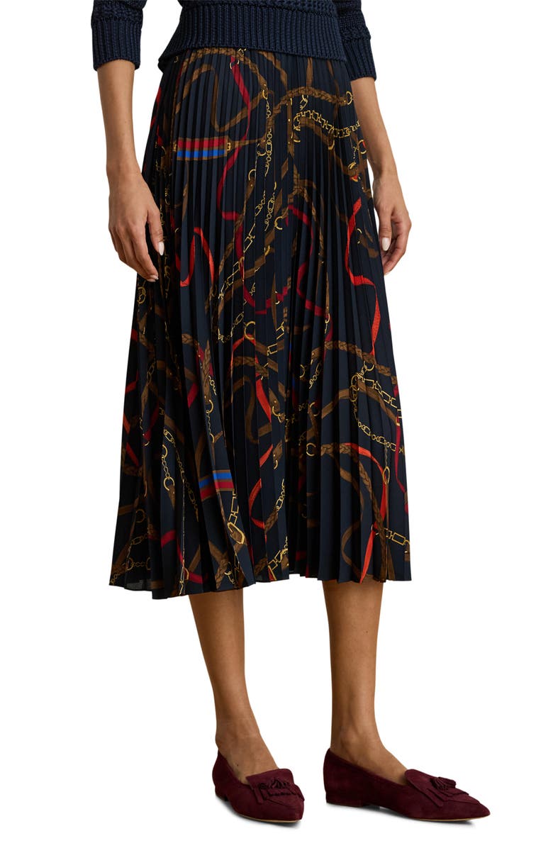 Lauren Ralph Lauren Belting Print Pleated Georgette Skirt, Main, color, Navy Multi