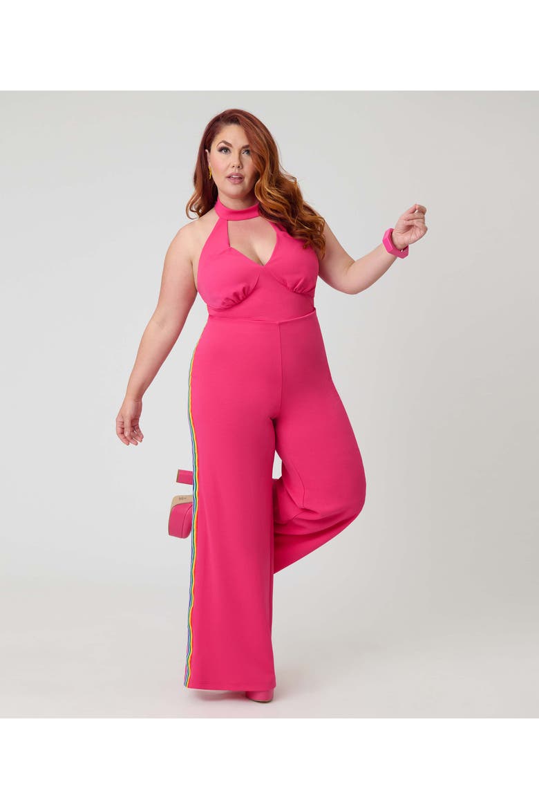 Plus Size Sashed Sleeveless Halter Glamour Goddess Jumpsuit, Alternate, color, Pink Solid