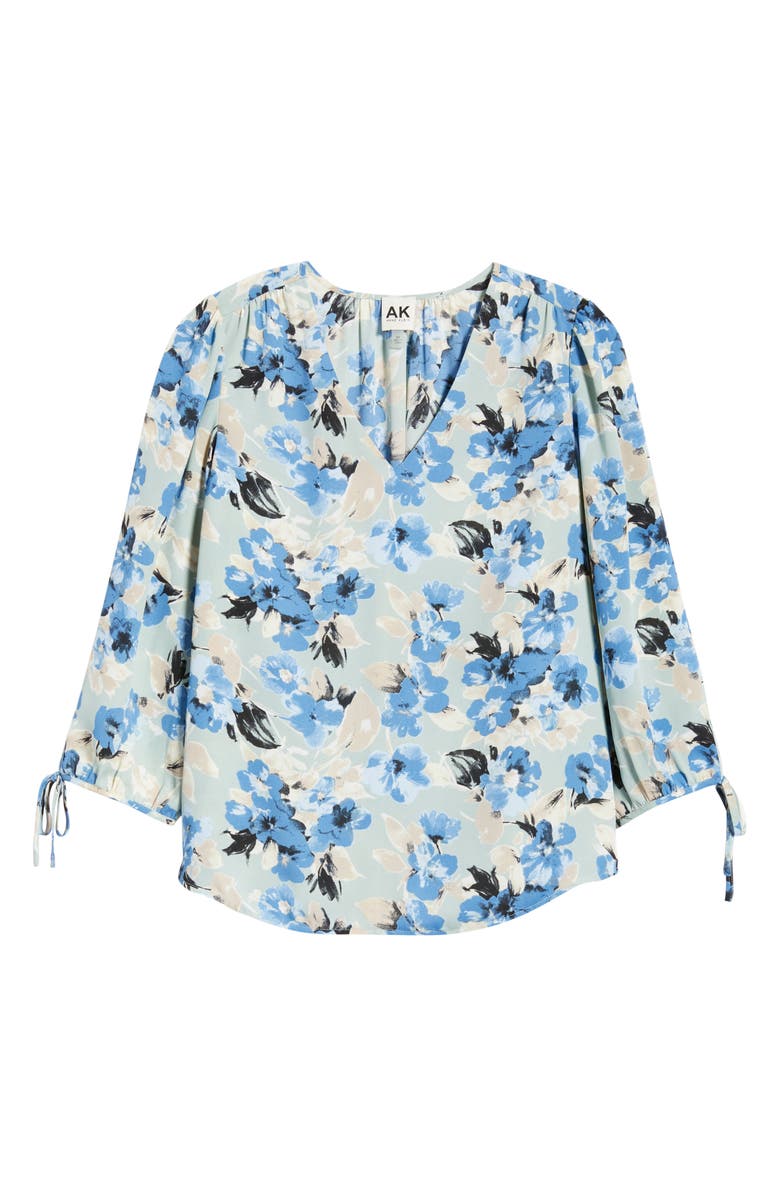 AK ANNE KLEIN Floral V-Neck Tie Sleeve Top, Alternate, color, Soft Aloe Multi