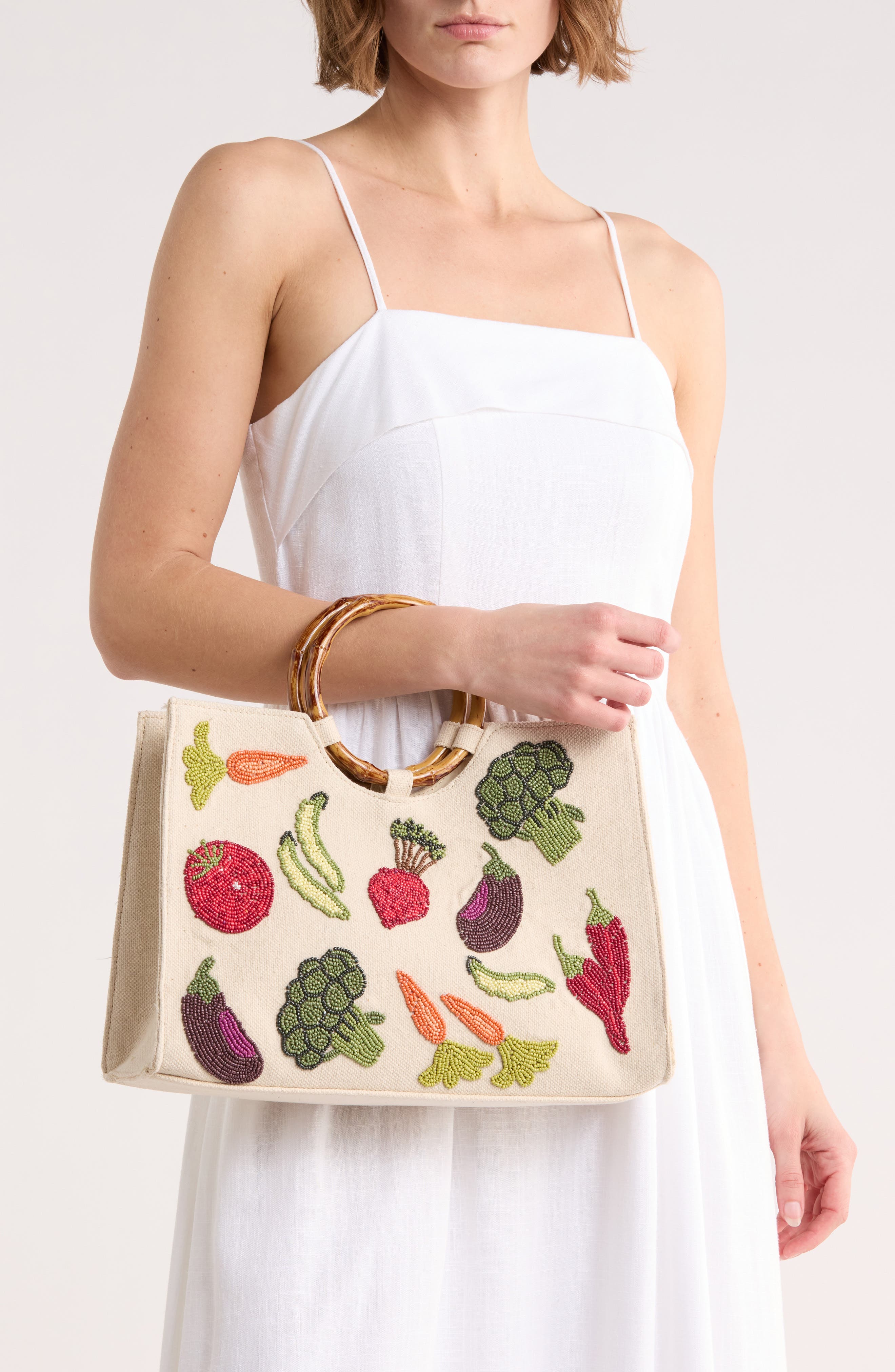 Collection XIIX Beaded Veggie Bamboo Handle Tote Bag, Alternate, color, Natural