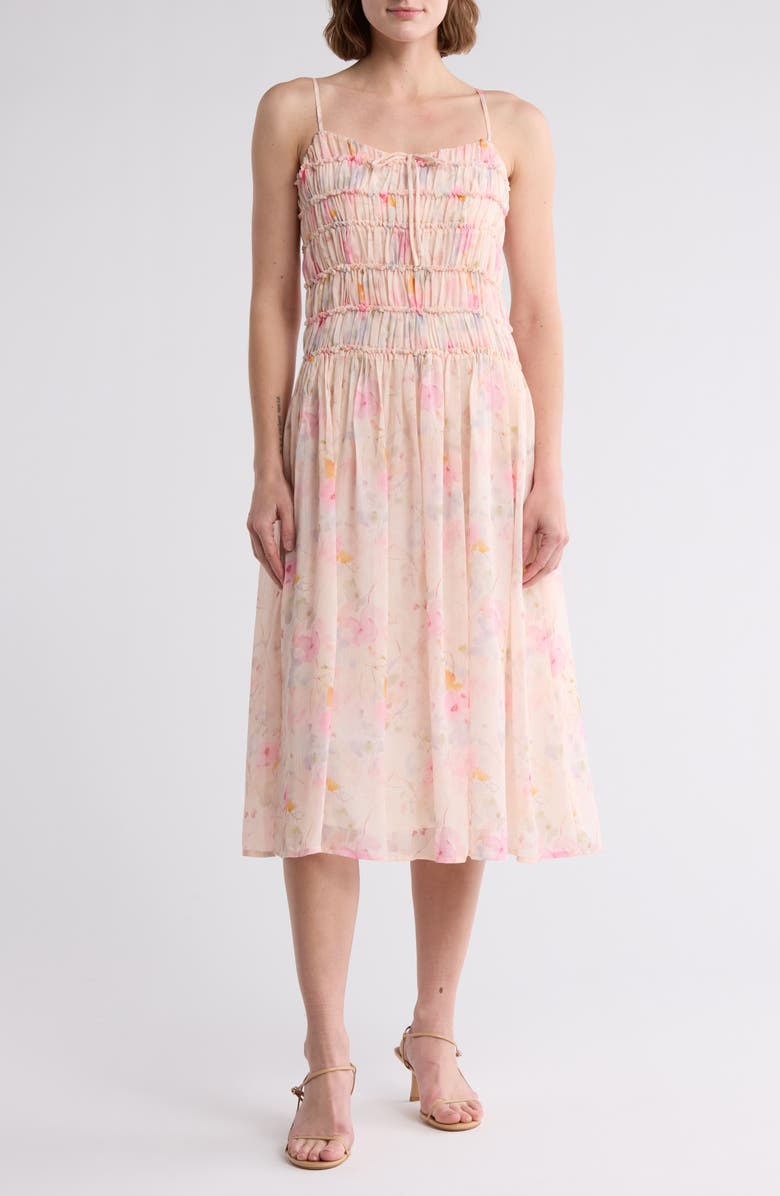 Lush Shirred Fit & Flare Midi Dress, Main, color, Cream Multi Floral